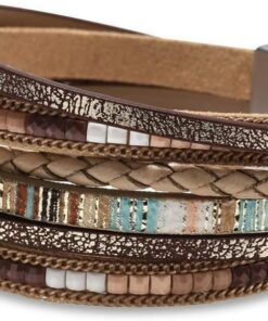 Fesciory Leather Wrap Bracelets for Women, Boho Leopard Multi-Layer Crystal Beads Cuff Bracelet Jewelry