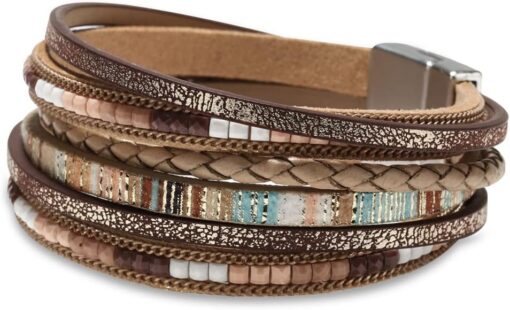 Fesciory Leather Wrap Bracelets for Women, Boho Leopard Multi-Layer Crystal Beads Cuff Bracelet Jewelry