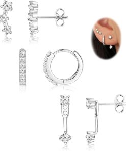 FIASASO 3 Pairs 925 Sterling Silver Hypoallergenic Earrings Set for Multiple Piercing Dainty 14K Gold Plated Stud Huggie Small Hoop Earrings for Women Trendy Cute Earring Stacks...