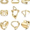 FIBO STEEL 9 Pcs Gold Chunky Rings for Women 18K Gold Plated Ring Set Dome Thick Open Rings Adjustable