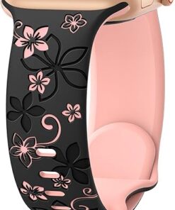 Floral Engraved Bands Compatible with Apple Watch Band 41mm 40mm 44mm 45mm 42mm 38mm 49mm for Women,Cute Flower iWatch Bands Soft Silicone Sport Strap for iWatch Series SE 9 8 7...