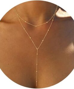 Foxgirl Lariat Gold Necklace for Women, Dainty Long Necklace 14k Gold Plated/Silver Y-Shaped Pendant Necklace Trendy Layered Cz Beaded Chain Drop Necklaces Simple Gold Jewelry...