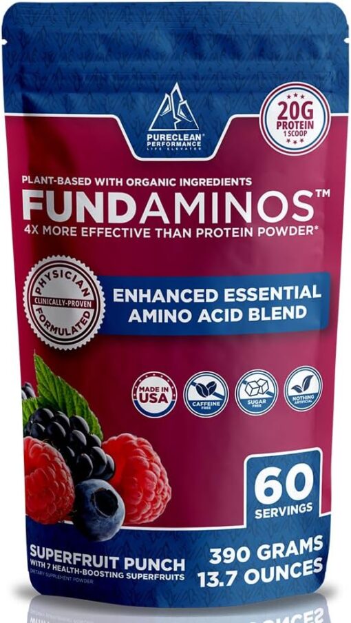 FundAminos Blend - 100% Organic & Vegan EAA & BCAA Powder for 400% Greater Lean Muscle, Faster Recovery & Strength Vs. Protein Powder - Clinically Tested Post Workout - Real...