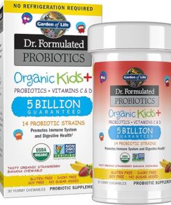 Garden of Life Dr. Formulated Probiotics Organic Kids+ plus Vitamin C & D, Strawberry Banana, Gluten Dairy & Soy Free Immune & Digestive Health Supplement, No Added Sugar, 30...