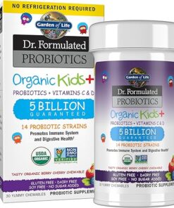 Garden of Life Dr. Formulated Probiotics Organic Kids+ Plus Vitamin C & D - Berry Cherry - Gluten, Dairy & Soy Free Immune & Digestive Health Supplement, No Added Sugar, 30...