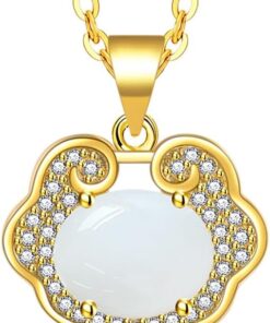 Generic Natural Jade White jade gold lock necklace for Women 18K Gold White Jade Pendant Necklace Good Luck Necklaces for Mom Lover, yellow