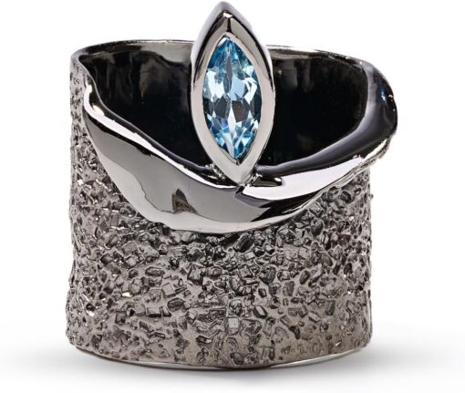 german kabirski 0.60 Carat Blue Topaz Handmade Barrel Ring in 925 Sterling Silver with Black Rhodium Plating Size 4.5 to 13