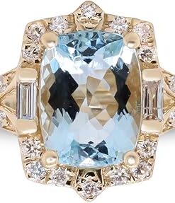 Gin & Grace 14K Yellow Gold Genuine Aquamarine Ring with Diamonds for women | Ethically, authentically & organically sourced (Cushion-cut) shaped Aquamarine hand-crafted jewelry...