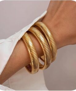 Gold Bangles for Women Chunky Stretch Bangles Bracelets Set 18K Gold Plated Stainless Steel Link Chain Bracelets Flexible Wide Wristband Bracelets Set of 3 Jewelry for Women