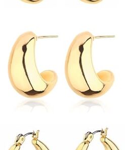 Gold Chunky Hoop Earrings Set for Women, 14K Gold Plated Twisted Huggie Hoop Earring Hypoallergenic, Thick Open Hoops Set Lightweight