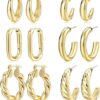 Gold Hoop Earrings Set for Women, 6 Pairs 14K Gold Plated Lightweight Hypoallergenic Chunky Open Hoops Jewelry