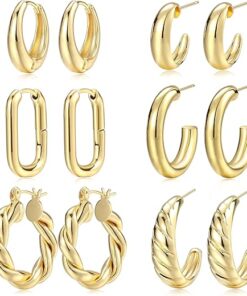 Gold Hoop Earrings Set for Women, 6 Pairs 14K Gold Plated Lightweight Hypoallergenic Chunky Open Hoops Jewelry