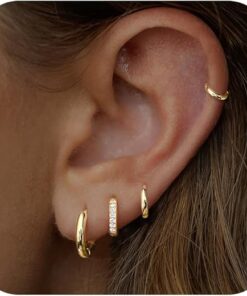 Gold Hoop Earrings Set for Women Hypoallergenic 14K Real Gold Plated Huggie Cartilage Clip On Earrings Set for Multiple Piercing Lightweight Jewelry