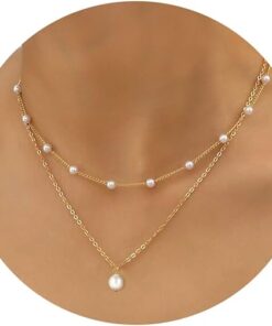 Gold Pearl Necklace for Women, 14K Gold Plated Layered Freshwater Pearl Necklaces for Women Trendy Simple Herringbone Chain Pearl Necklace for Women Gold Jewelry Gifts