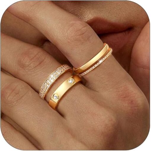 Gold Silver Rings for Women Non Tarnish Stackable Rings Trendy Dainty 18K Gold Plated Stacking Cubic Zirconia Thumb Ring Set Love Friendship Dual Band Rings Promise Wedding...