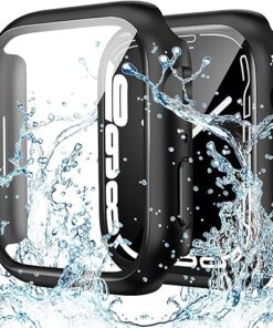 Goton Waterproof Case for Apple Watch Screen Protector 44mm SE (2nd Gen) Series 6 5 4, Tempered Glass Face Cover Accessories Compatible with iWatch 44 mm Black