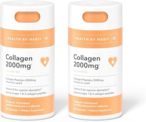 Health by Habit Collagen Supplement 2 Pack (120 Capsules) - Vitamin C & Vitamin E, 2000mg, Collagen Peptides, Superior Absorption, Support your Skin, Non-GMO, Sugar Free (2 Pack)