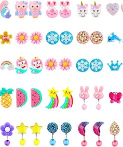 Hicdaw Kids Clip On Earrings for Girls, 25/30 Pairs Party Favor Hypoallergenic Jewelry Earrings for Kids Ages 4-12, Cute Animal Clip On Earrings for Little Girls with No Ear...