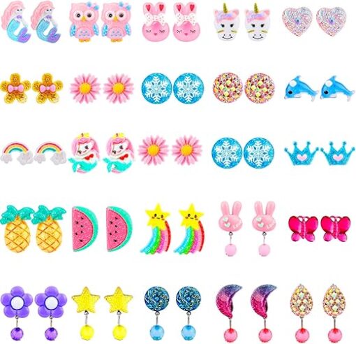 Hicdaw Kids Clip On Earrings for Girls, 25/30 Pairs Party Favor Hypoallergenic Jewelry Earrings for Kids Ages 4-12, Cute Animal Clip On Earrings for Little Girls with No Ear...