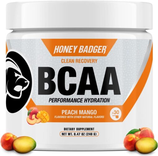 Honey Badger BCAA + EAA Amino Acids Electrolytes Powder, BCAAs + L-Glutamine, Keto, Vegan, Sugar Free for Men & Women, Hydration & Post Workout Muscle Recovery Drink Mix, Peach...