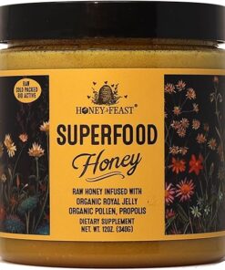 HONEY FEAST Flower Powered Raw Superfood Honey with Royal Jelly, Bee Pollen, Bee Propolis (12 Ounces) Cold packed and hand poured in Florida, USA