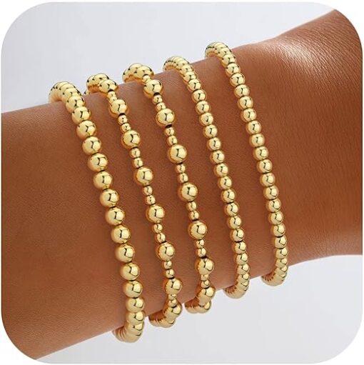 Howoo Gold Bracelets for Women 18K Stretch Beaded Bracelets Stackable Plated Bead Ball Bracelet for Women Trendy