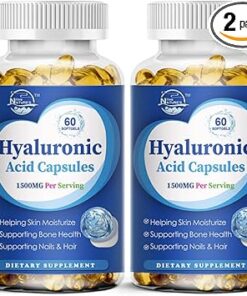 Hyaluronic Acid Supplements, 1500mg High Bioavailable Dietary Hyaluronic Acid Capsules, Double Strength Skin Hydration, Joint Lubrication, Hair & Nails Support, 60 Softgels, 2 Pack