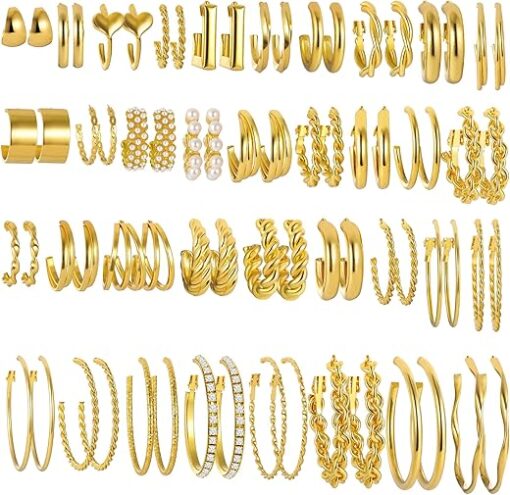 iF YOU 36 Pairs Gold Hoop Earrings Set for Women Multipack, Hypoallergenic Chunky Chain Twisted Hoop Earrings Pack, Fashion Dangle Earrings Jewelry for Gift