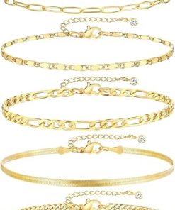 iF YOU Gold Ankle Bracelets for Women, 14k Gold Plated Waterproof Cuban Link Chain Anklets Set, Layered Anklet Bracelets for Women Beach Gift Adjustable Size 5pc