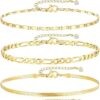 iF YOU Gold Ankle Bracelets for Women, 14k Gold Plated Waterproof Cuban Link Chain Anklets Set, Layered Anklet Bracelets for Women Beach Gift Adjustable Size 5pc