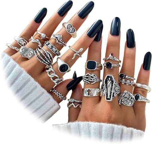 IFKM 15-63 PCS Vintage Silver Knuckle Rings Set for Women Teen Girl, Stackable Joint Finger Statement Rings Bohemian Retro Hollow Carved Midi Rings, Boho Y2k Snake Butterfly...