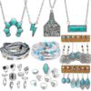 IFKM 47 PCS Silver Bohemian Jewelry Set With 4pcs Turquoise Necklace,12 pairs Dangle Earrings, 11pcs Stackable Bangle Bracelets, 20pcs Knuckle Rings For Women Vintage Western...