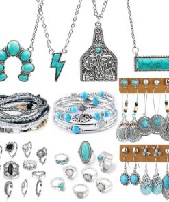 IFKM 47 PCS Silver Bohemian Jewelry Set With 4pcs Turquoise Necklace,12 pairs Dangle Earrings, 11pcs Stackable Bangle Bracelets, 20pcs Knuckle Rings For Women Vintage Western...