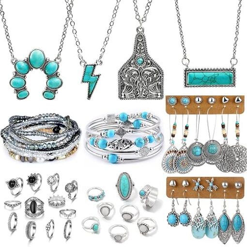 IFKM 47 PCS Silver Bohemian Jewelry Set With 4pcs Turquoise Necklace,12 pairs Dangle Earrings, 11pcs Stackable Bangle Bracelets, 20pcs Knuckle Rings For Women Vintage Western...