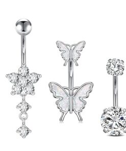 Incaton 14G Belly Button Rings, Stainless Steel Diamond Belly Rings For Women, Dangle Belly Button Rings With Butterfly, 6mm Short & 10mm Bar Navel Piercings