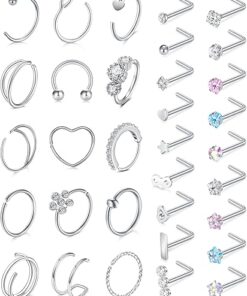 Incaton 20G Stainless Steel Nose Rings for Women Nose Rings Hoops L Shaped Nose Studs Screw Nose Piercing Jewelry for Women Men Silver Rose Gold Black Rainbow