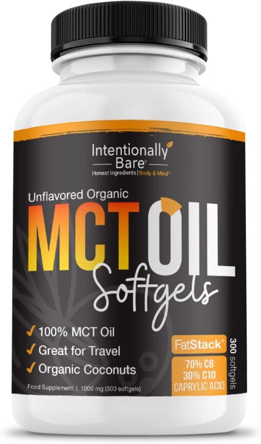 Intentionally Bare Organic MCT Oil Capsules - 70% C8 MCT Oil & 30% C10 MCT Capsules Unflavored for Keto Low Carb and Paleo Diet - MCT Oil C8 & C10 for Energy Mood & Focus -...