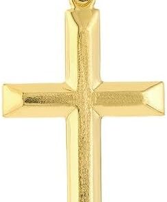 JEWELHEART 14K Real Gold Cross Pendant For Men - Classic Beveled Edge Cross Pendant Charm - Religious 14K Yellow Gold Jewelry For Women