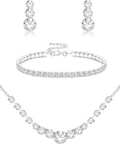 Jstyle Silver Jewelry Set for Women Rhinestone Crystal Necklace Drop Earrings Link Bangle Bracelet Bridal Wedding Jewelry Sets for Brides Bridemaid Prom Costume Accessories