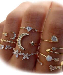 KISS WIFE Gold Stackable Moon Star Knuckle Rings Set for Women, Boho Dainty Lightweight Stacking Rings, Vintage Midi Rings Pack, Trendy Jewelry