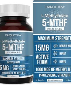 L Methyl Folate 15mg plus Methyl B12 Cofactor - Professional Strength, Active 5-MTHF Form - Supports Mood, Methylation, Cognition – Bioactive forms of Vitamin B9 & B12 (60...