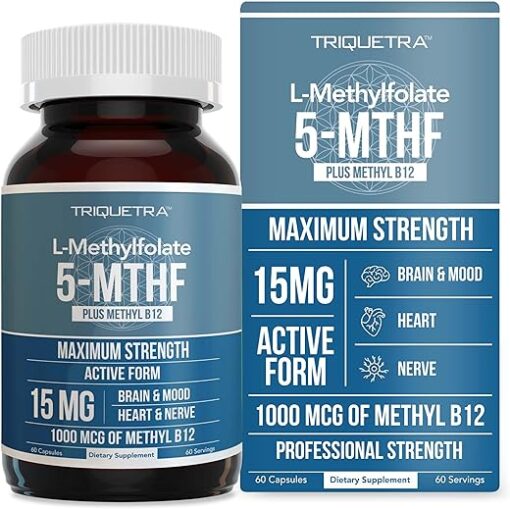 L Methyl Folate 15mg plus Methyl B12 Cofactor - Professional Strength, Active 5-MTHF Form - Supports Mood, Methylation, Cognition – Bioactive forms of Vitamin B9 & B12 (60...