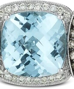 LeVian 14K White Gold, Cushion Cut Blue Topaz & 2/3 Cttw White & Chocolate Diamond Half Halo Statement Ring (H-I & Fancy Brown Color, SI2-I1 Clarity)