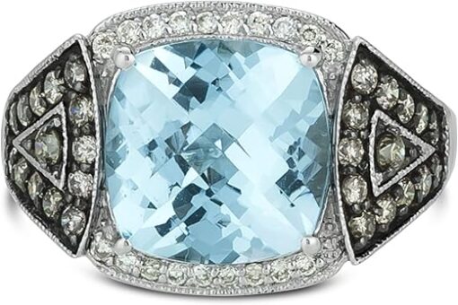 LeVian 14K White Gold, Cushion Cut Blue Topaz & 2/3 Cttw White & Chocolate Diamond Half Halo Statement Ring (H-I & Fancy Brown Color, SI2-I1 Clarity)