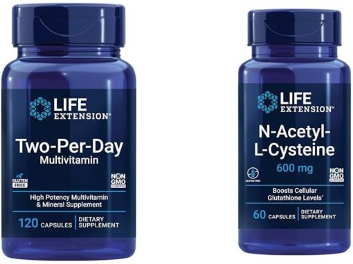 Life Extension Two-Per-Day Multivitamin, Vitamins B, C, D, zinc, 25 Vitamins, Minerals & extracts, 120 Capsules Bundle with N-Acetyl-L-Cysteine (NAC) 600 mg, 60 Capsules