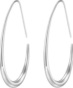 Lightweight Teardrop Hoop Earrings for Women - 14k Gold/White Gold Plated Large Oval Pull Through Hoop Earrings High Polished Statement Jewelry Gift for Women Teen Girls