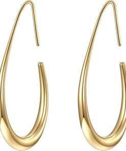 Lightweight Teardrop Hoop Earrings for Women - 14k Gold/White Gold Plated Large Oval Pull Through Hoop Earrings High Polished Statement Jewelry Gift for Women Teen Girls