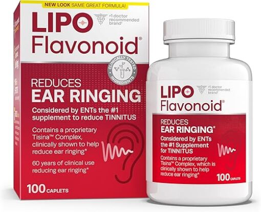 Lipo Flavonoid Plus, Tinnitus Relief For Ringing Ears, OTC Flavonoid Ear Health Vitamins, Bioflavonoids & Vitamin C, 100 Caplets, packaging may vary