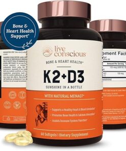 Live Conscious Vitamin K2 MK7 with D3 Supplement | Bone & Heart Health Support - Patented Vitamin K & Vitamin D3 5000 IU - 60 Softgels