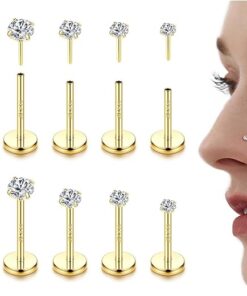 LOLIAS 14K Gold Filled Threadless Nose Studs CZ Nose Rings for Women Men 316L Surgical Steel Labret Studs Lip Rings Push in Flat Back Stud Earrings CZ Nose Nostril Tragus Helix...